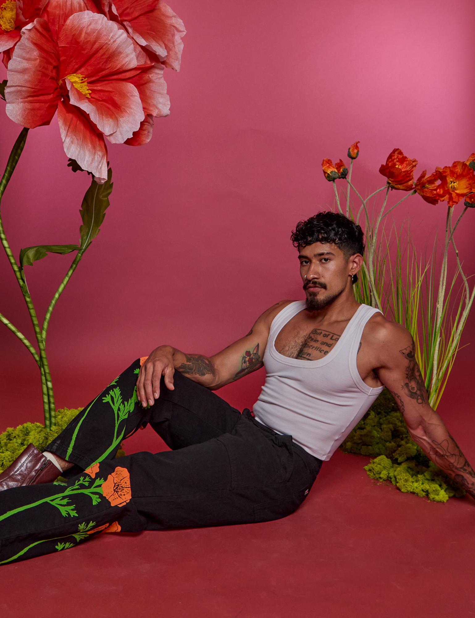 Paintstamped Work Pants in Poppy and Cropped Tank in Vintage Tee White worn by Jesse