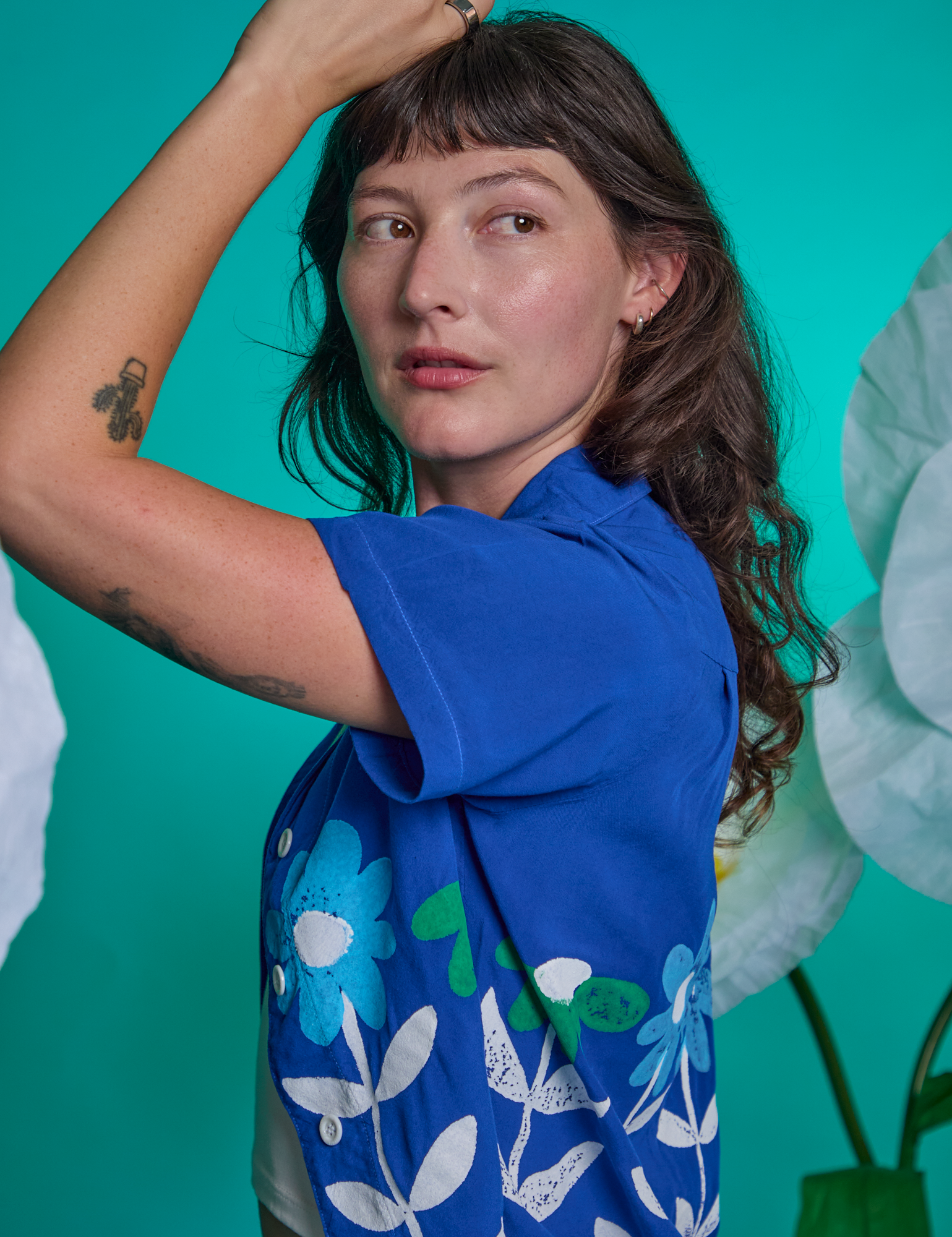 Side view close up Paintstamped Pantry Button-Up in Daisy on Alex