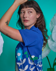Side view close up Paintstamped Pantry Button-Up in Daisy on Alex