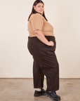 Work Pants in Espresso Brown side view on Sarita wearing tan 1/2 Sleeve Turtleneck