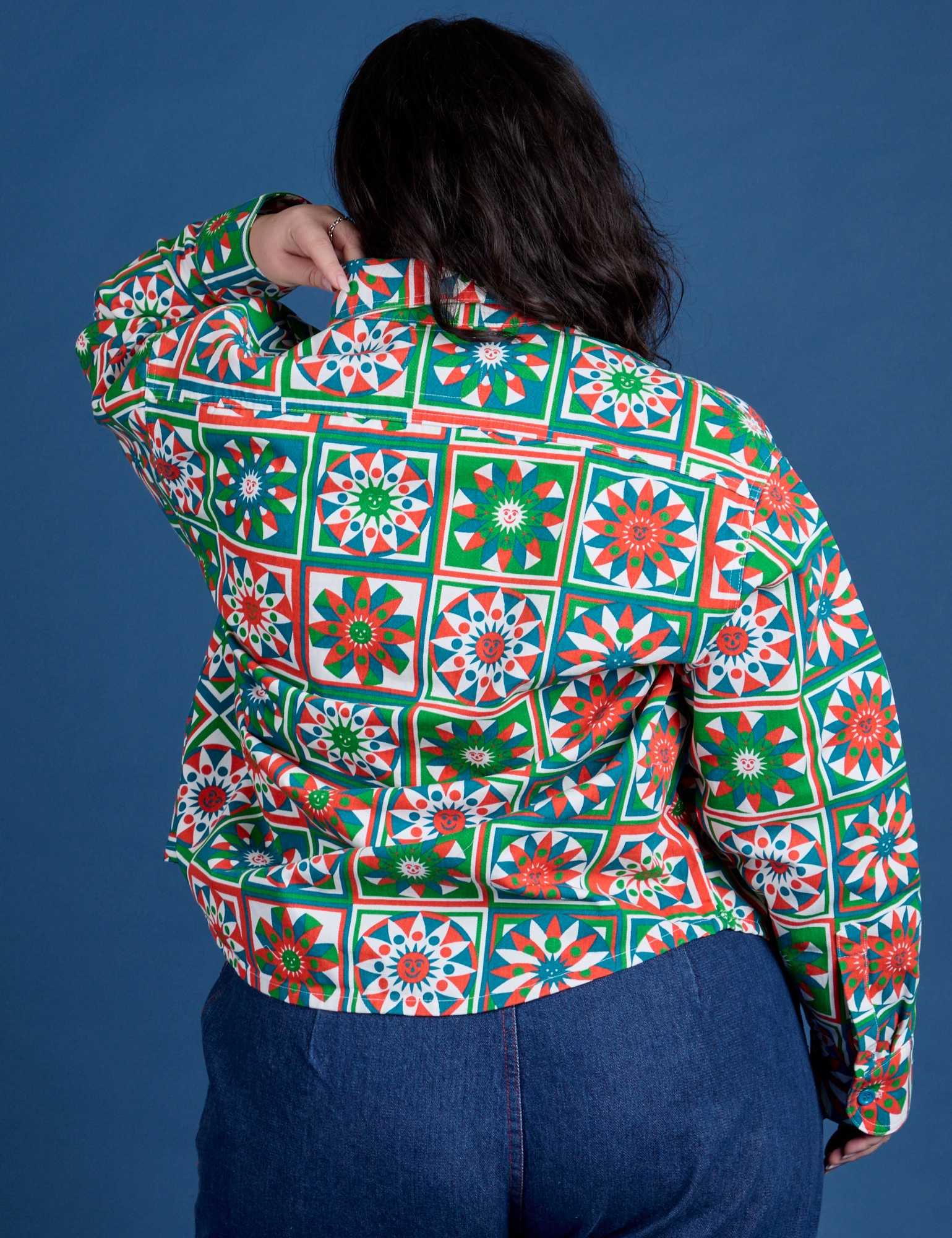 Cropped Overshirt in Quilt Print back view on Ashley
