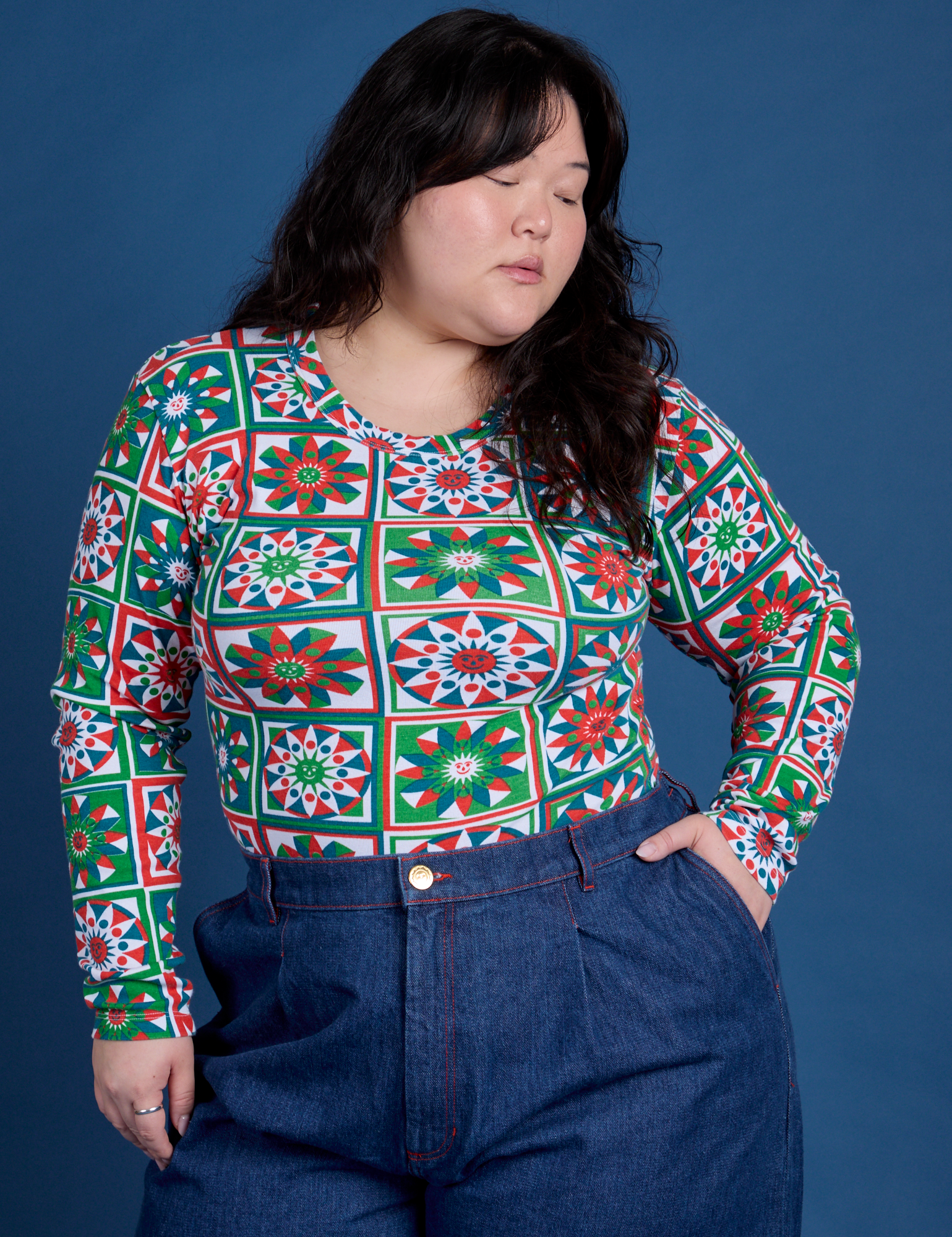 Long Sleeve Baby Tee in Quilt Print worn by Ashley