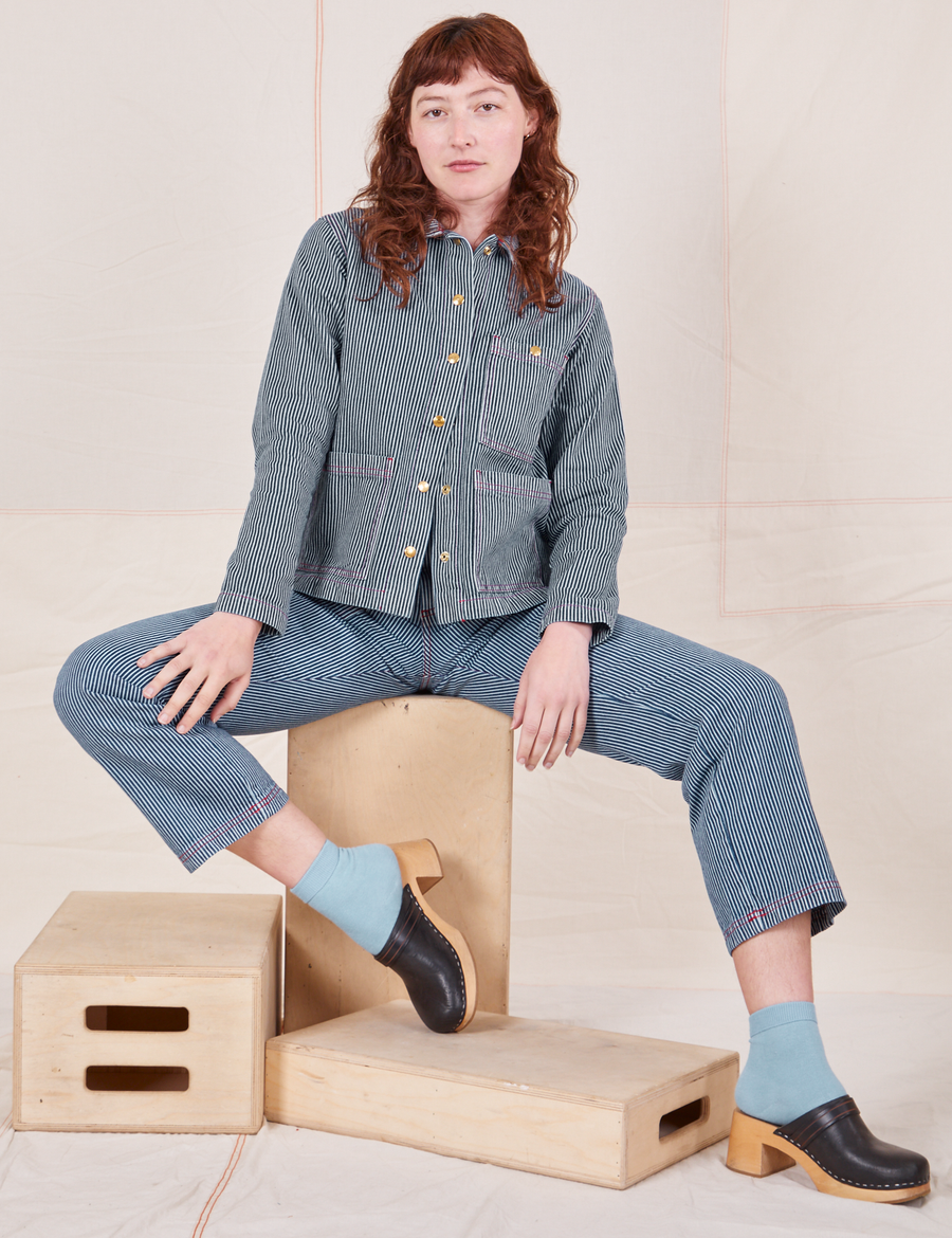 Railroad Stripe Denim Work Jacket on Alex wearing matching Work Pants