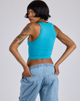 Cropped Tank Top in Hawaiian Blue back view on Kira