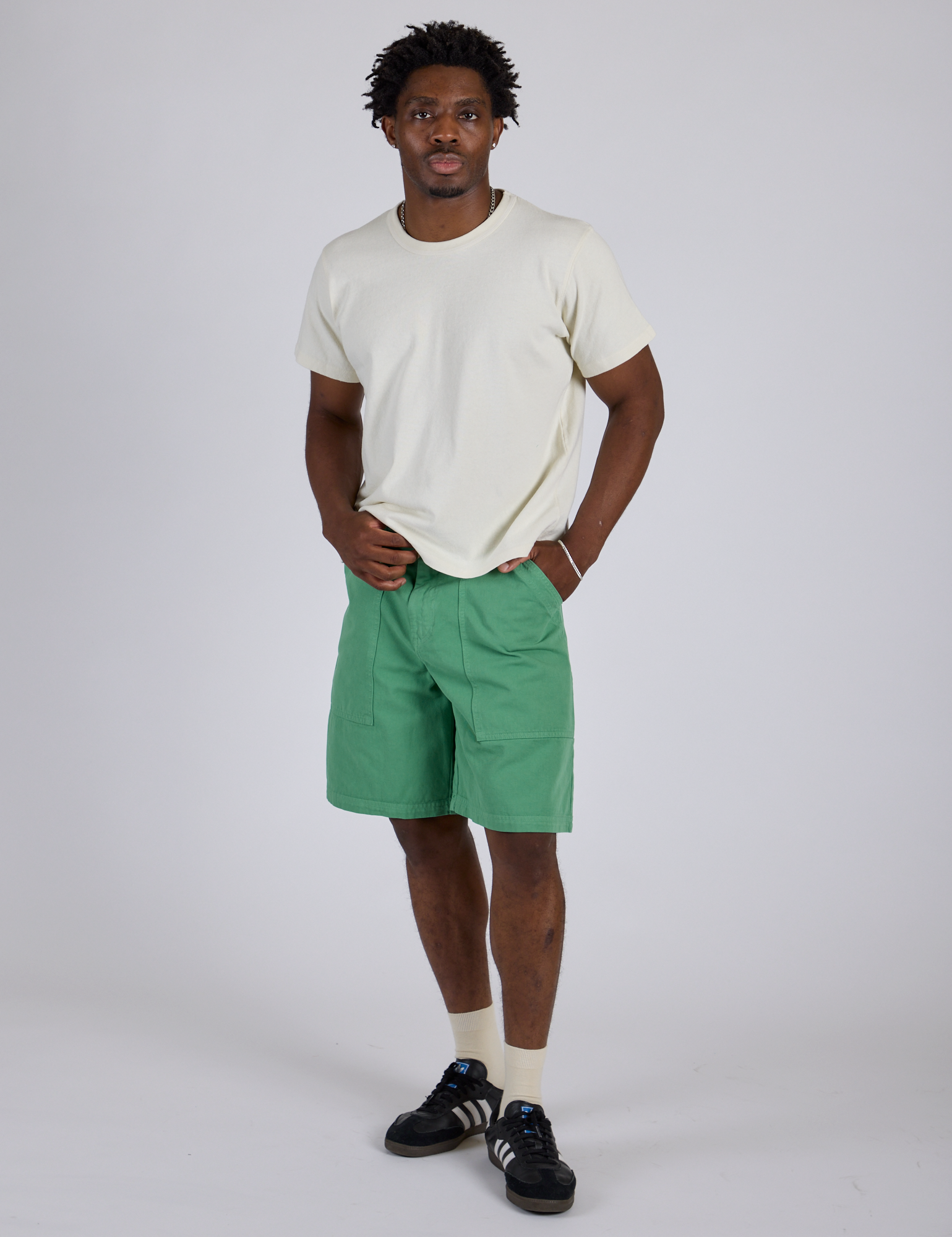Isaac is 5’10” and wearing M Longline Work Shorts in Seafoam Green paired with Burly Tee in Vintage Tee White