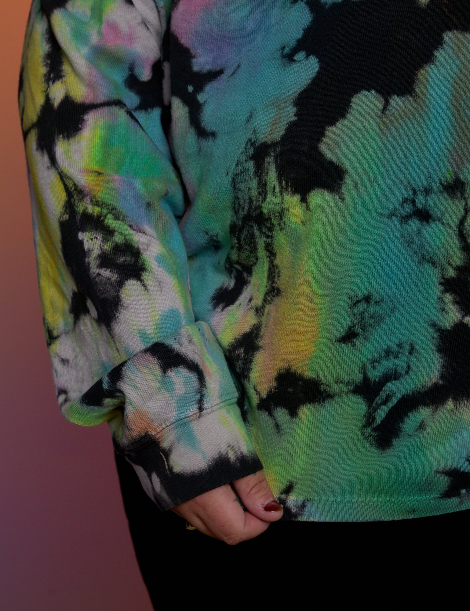 Magic Waters Long Sleeve Burly Tee in Rainbow close up on Sam