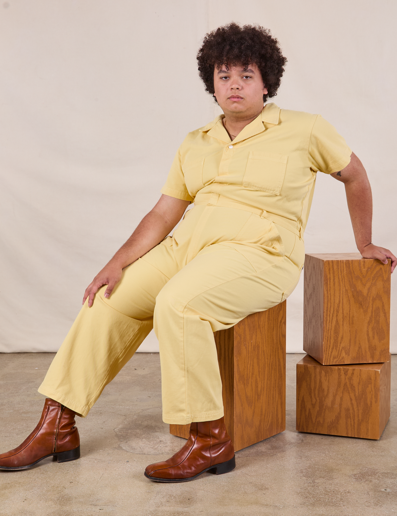 Short Sleeve Jumpsuit in Butter Yellow worn by Miguel