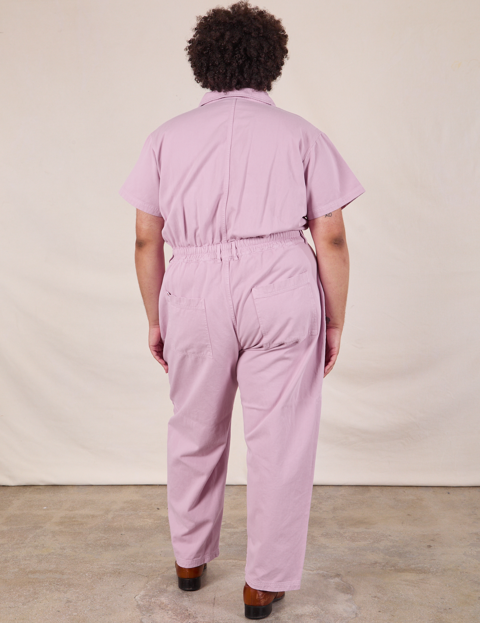 Short Sleeve Jumpsuit in Lilac back view on Miguel