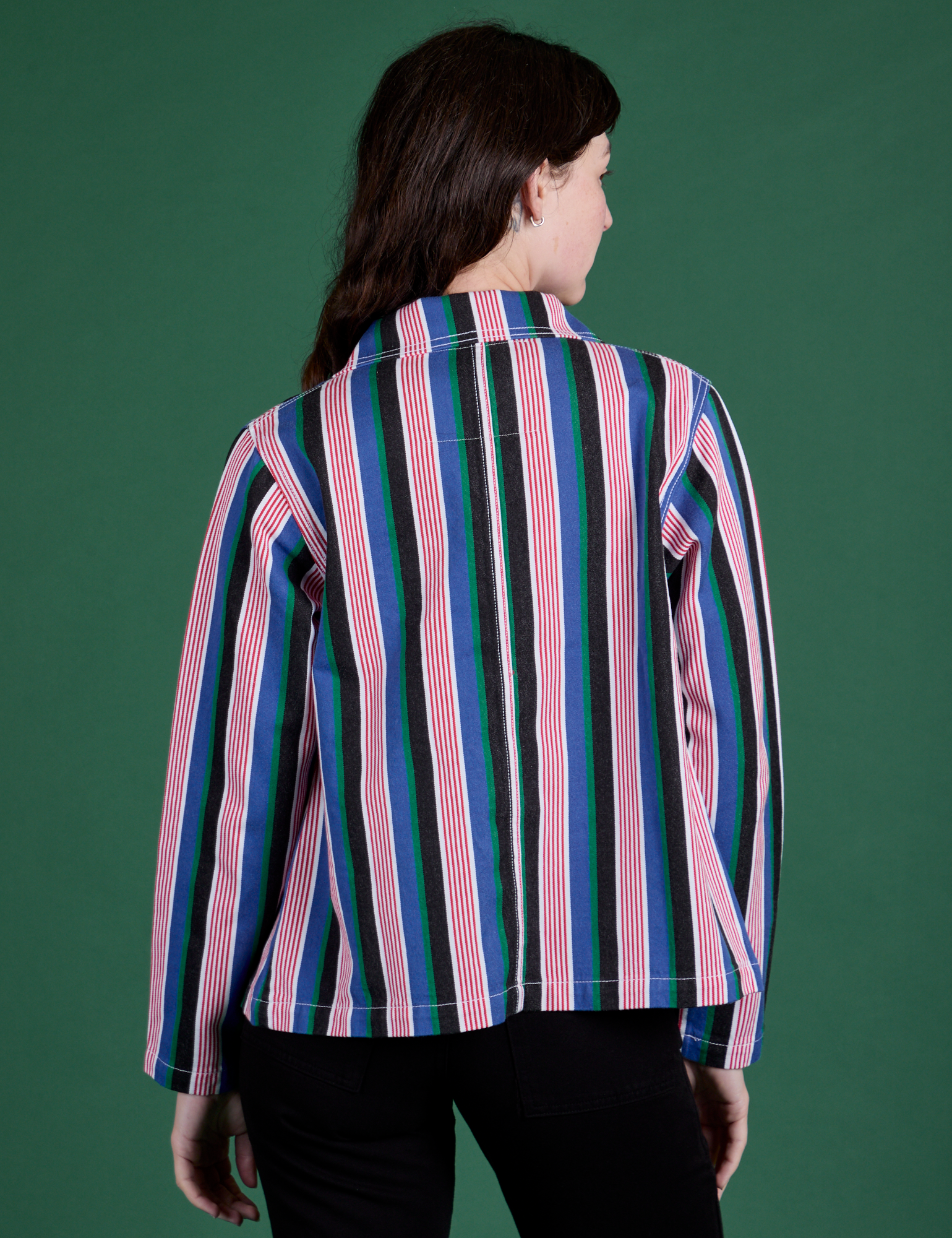 Stripe Work Jacket in Pacific Stripe back view on Alex