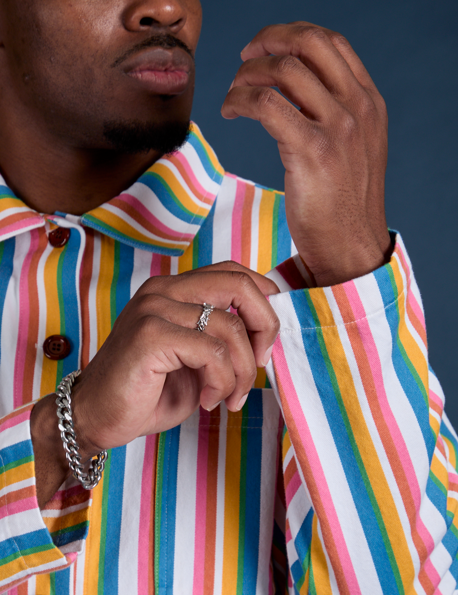 Sleeve close up on Stripe Work Jacket in Rainbow Stripe