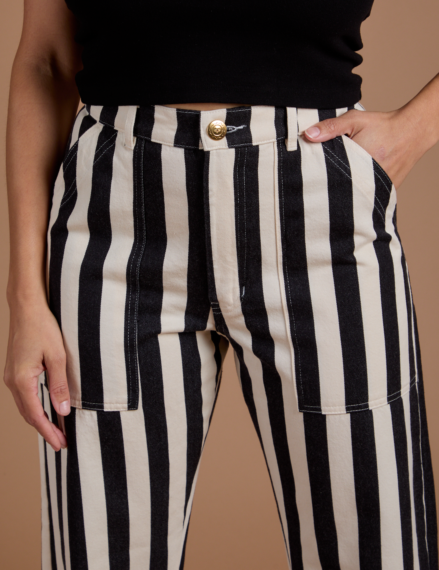 Black Stripe Work Pants in White front close up on Tiara