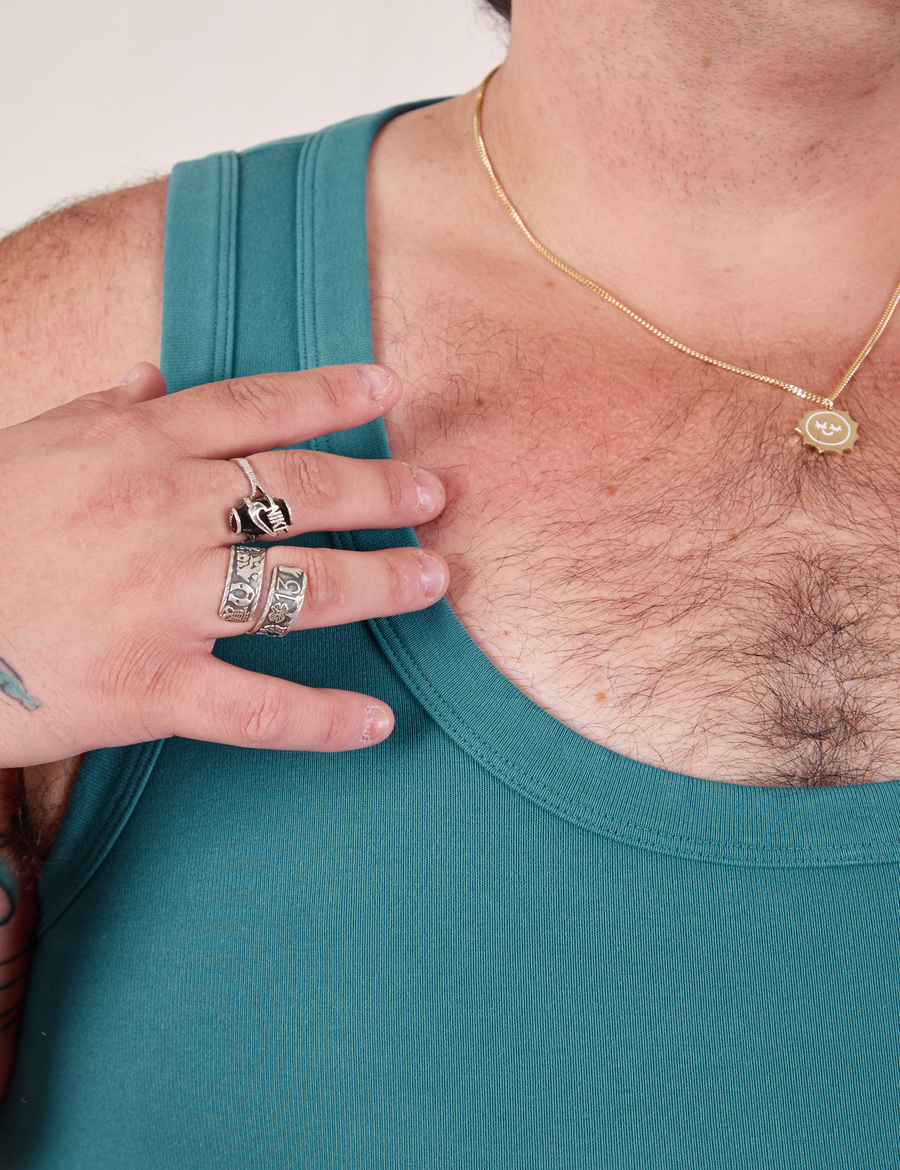 Upper front close up of Tank Top in Marine Blue worn by Sam