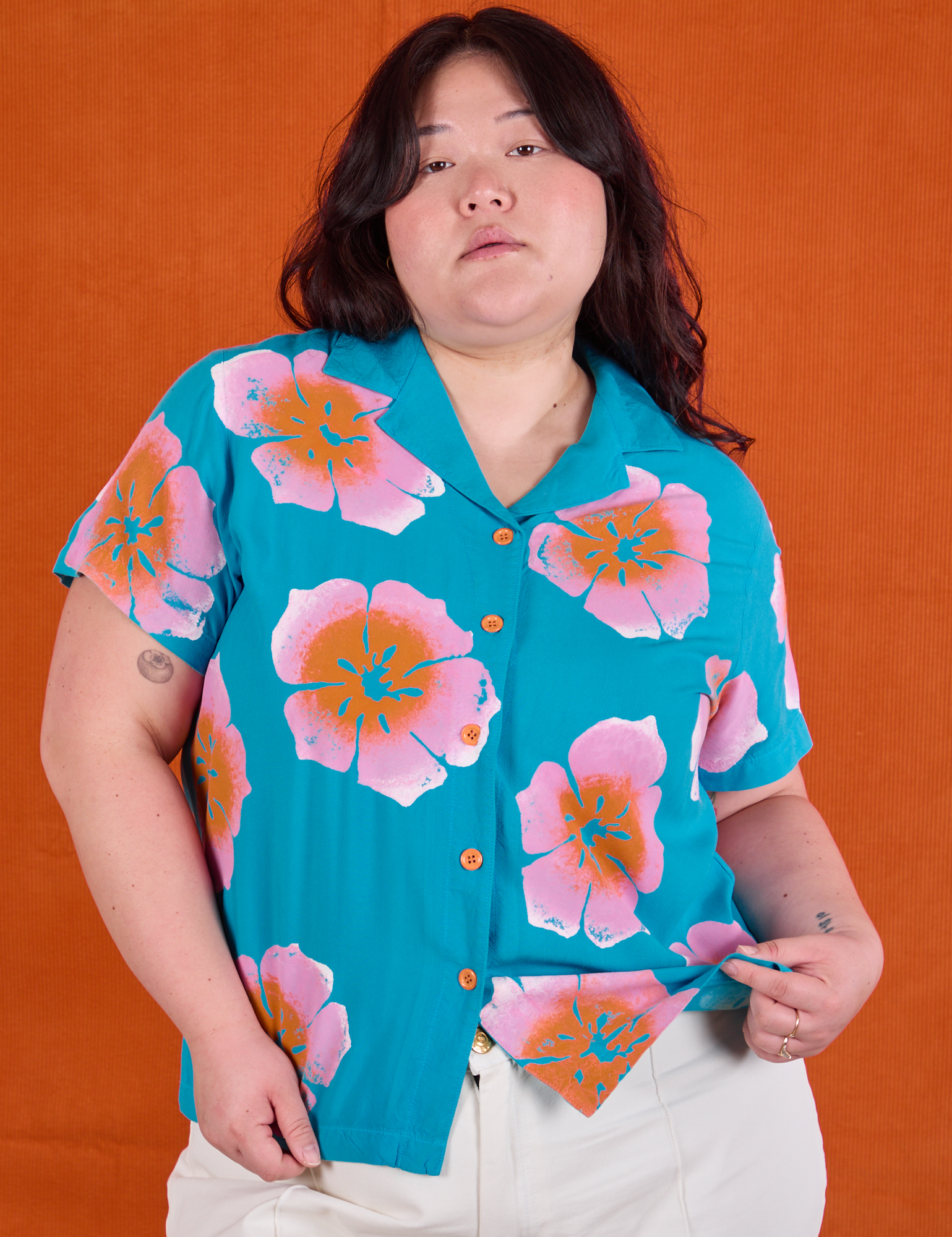 Paintstamped Pantry Button-Up in Hawaiian Blue worn by Ashley
