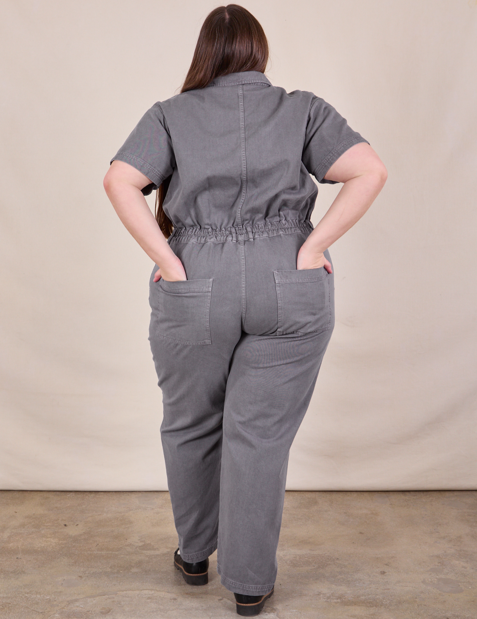 Short Sleeve Jumpsuit in Washed Grey back view on Marielena