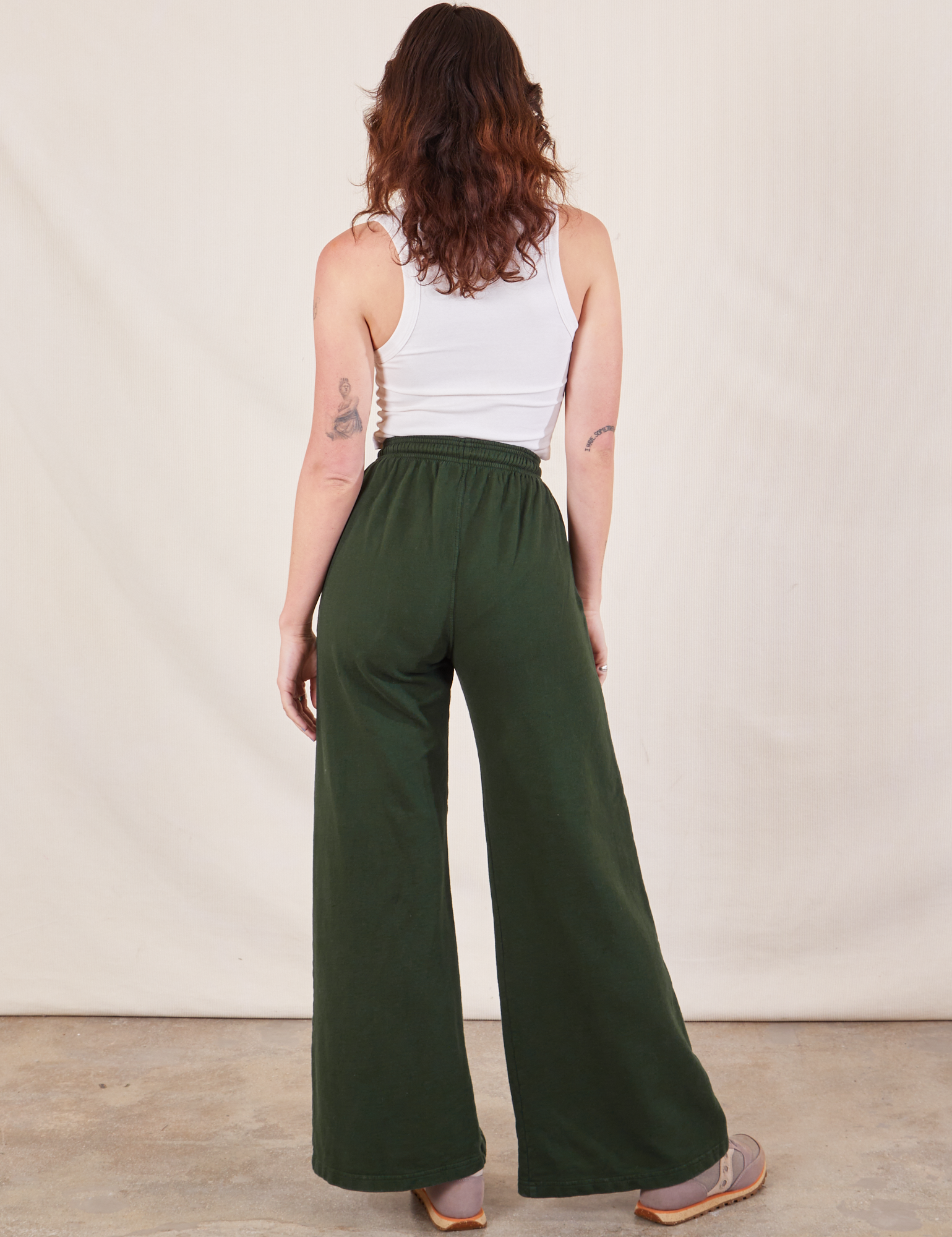 Wide Leg Sweat Pants in Swamp Green back view on Alex