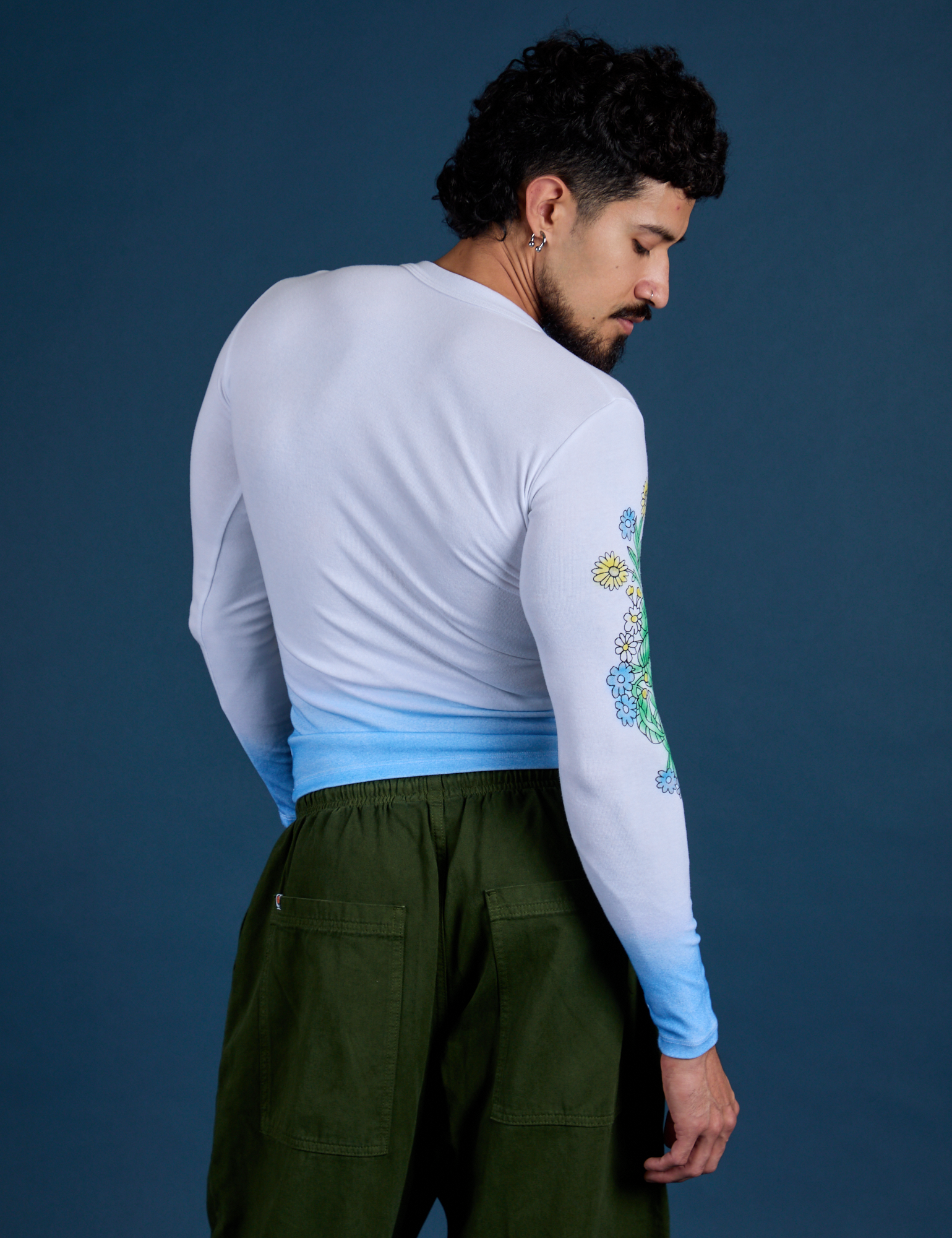 Floral Long Sleeve Baby Tee in Baby Blue back view on Jesse