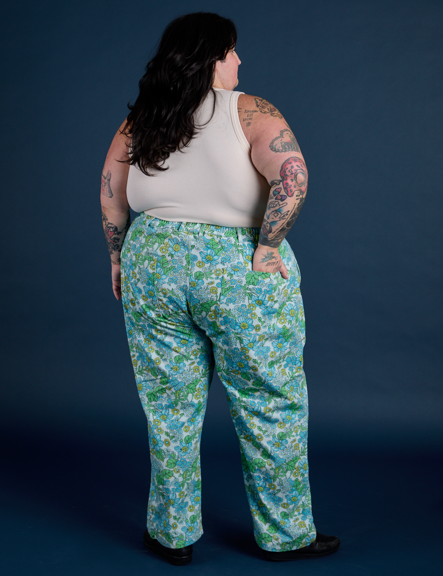 Winter Floral Print Work Pants back view on Sam