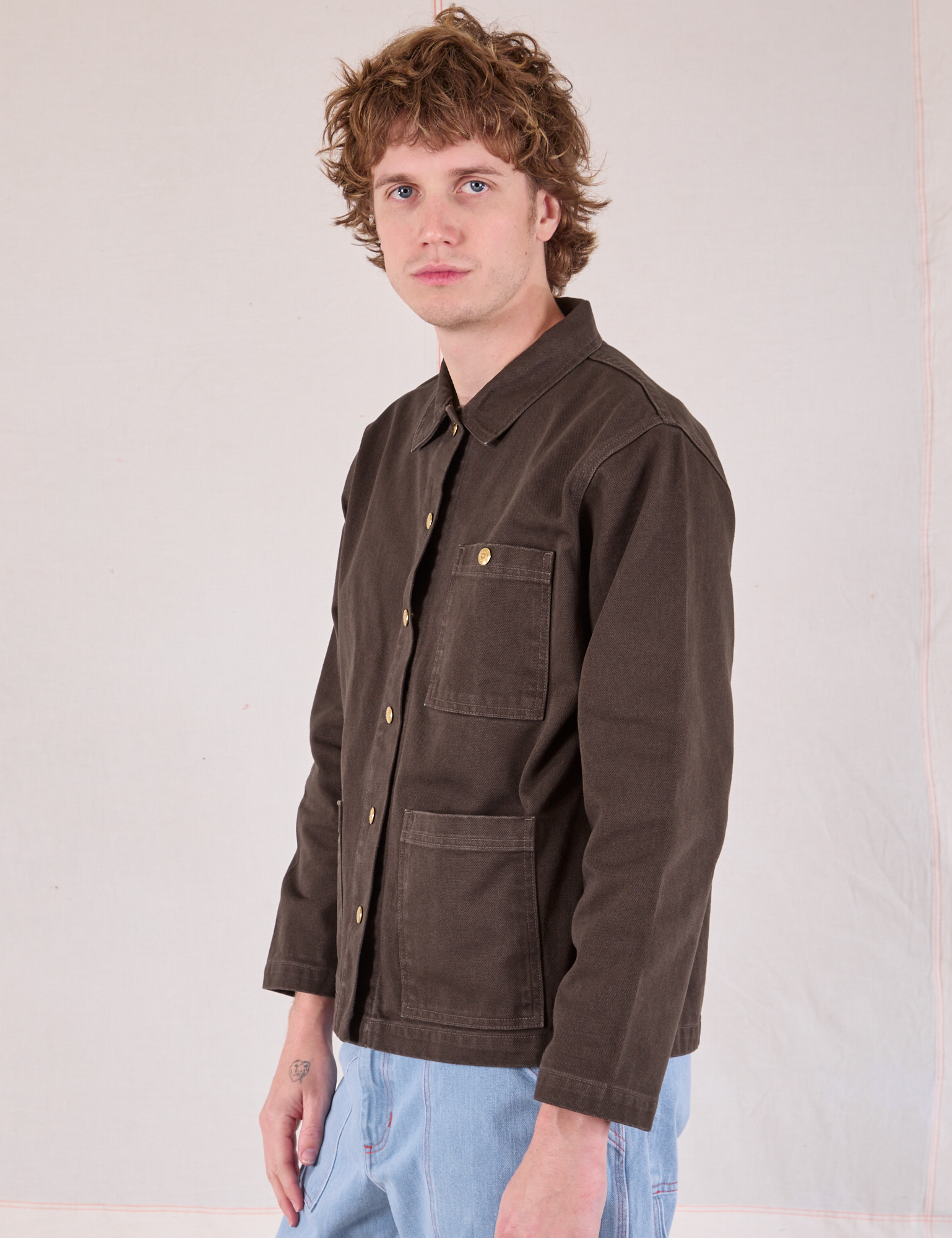 Denim Work Jacket in Espresso Brown side view on Quinn