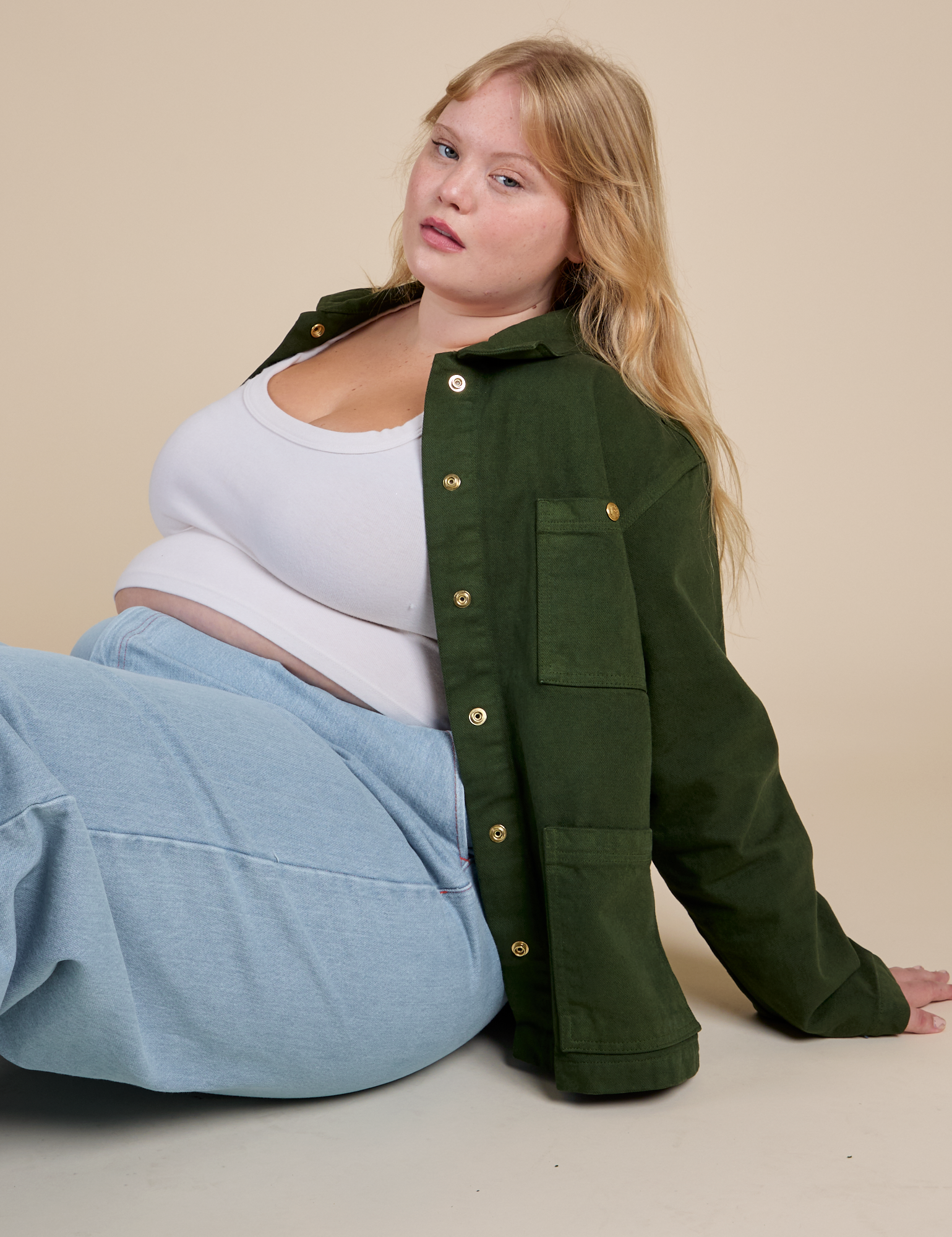 Juliet is wearing Denim Work Jacket in Evergreen