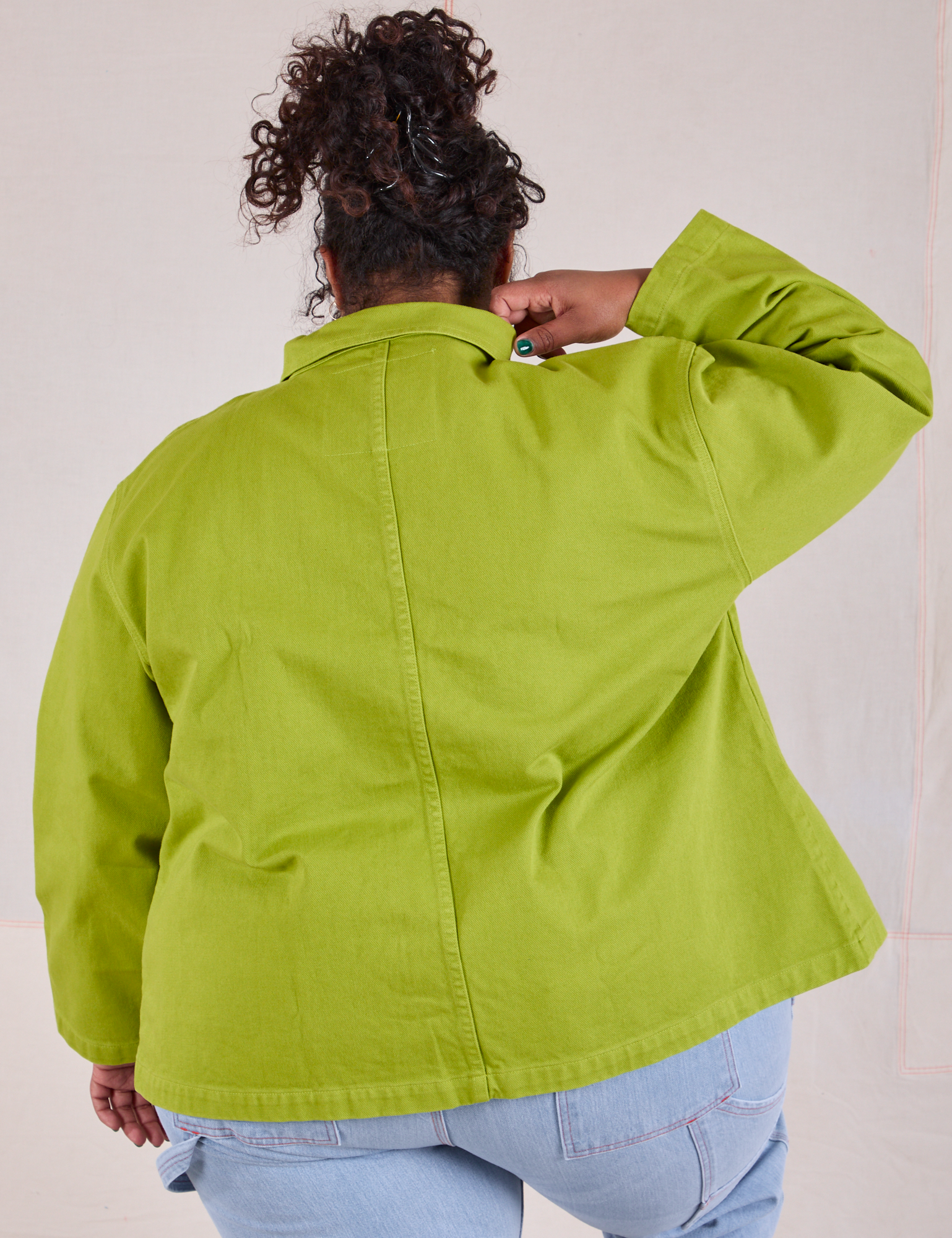 Denim Work Jacket in Gross Green back view on Morgan