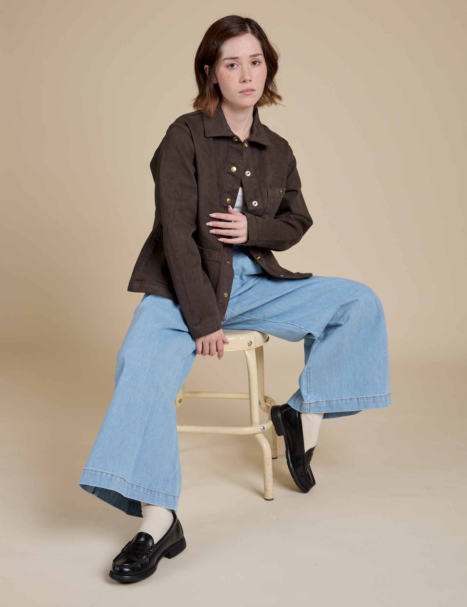 Denim Work Jacket in Espresso Brown and light wash Indigo Wide Leg Trousers worn by Hana