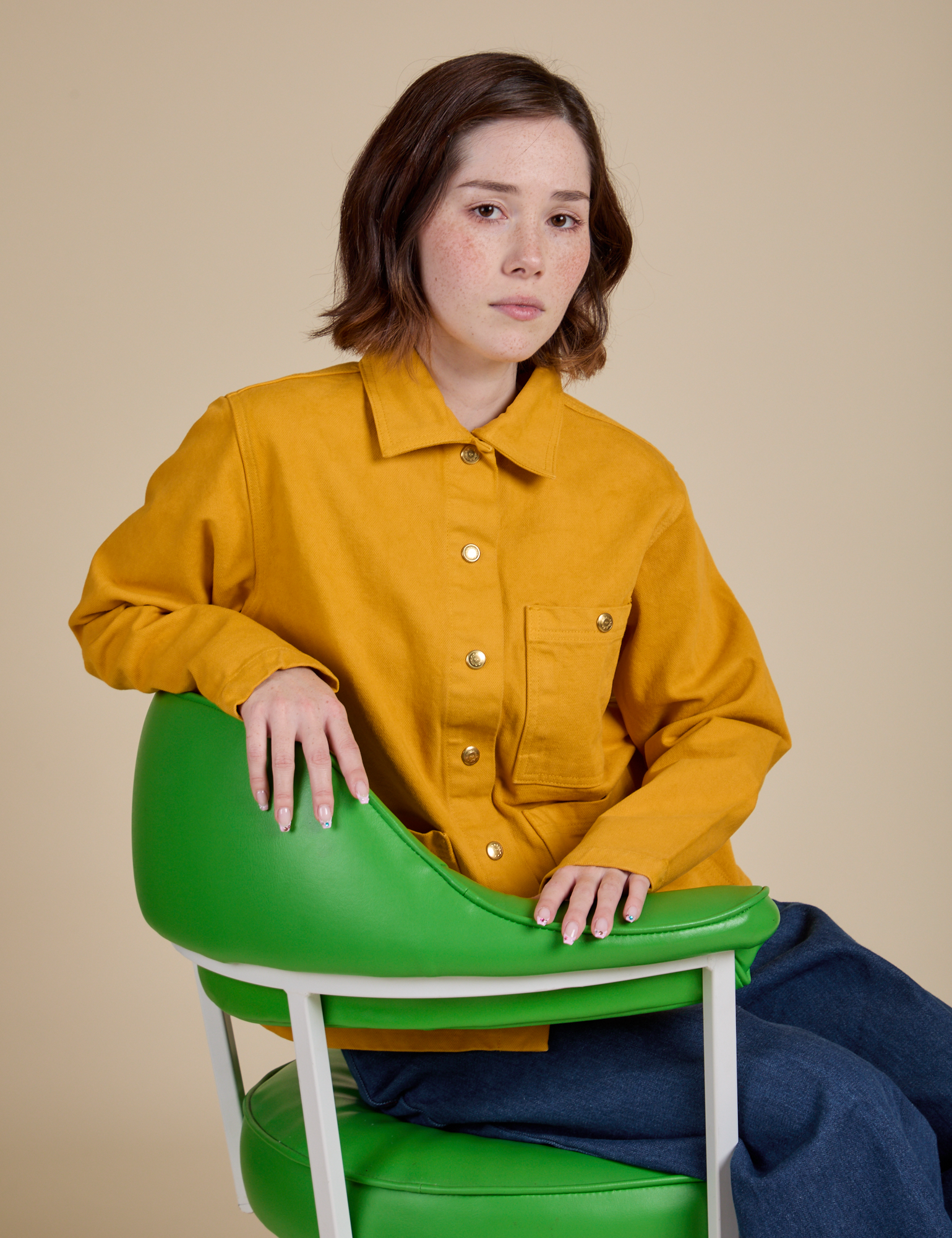 Denim Work Jacket in Mustard Yellow worn by Hana
