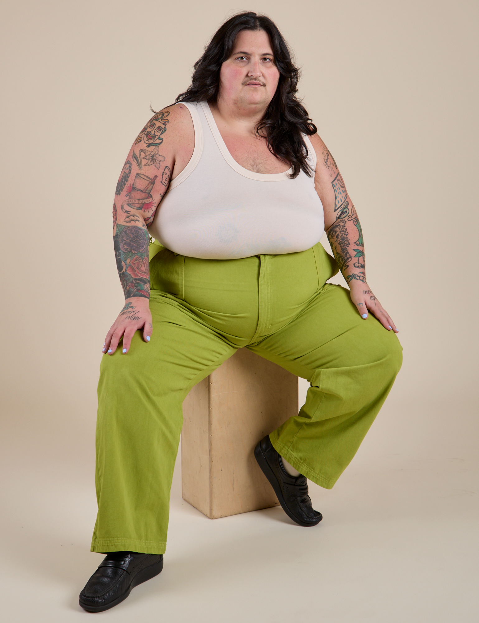 Work Pants in Gross Green and Cropped Tank in Vintage Tee White on Sam