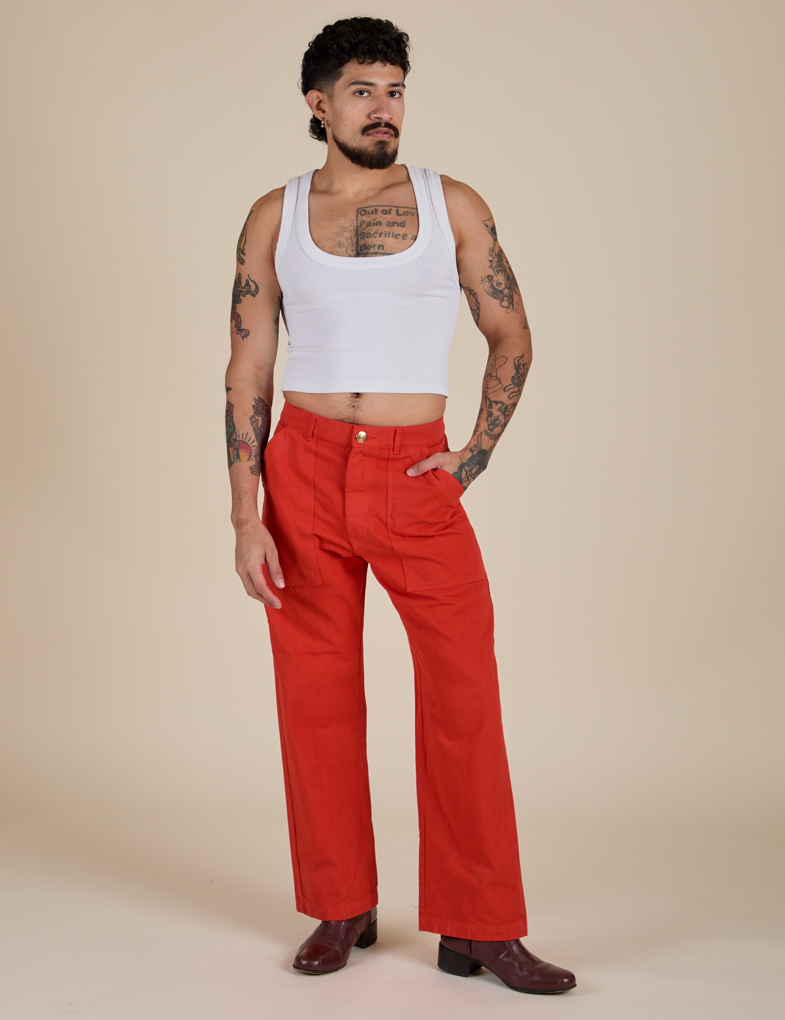 Work Pants in Mustang Red and Cropped Tank in Vintage Tee White on Jesse