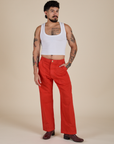 Work Pants in Mustang Red and Cropped Tank in Vintage Tee White on Jesse