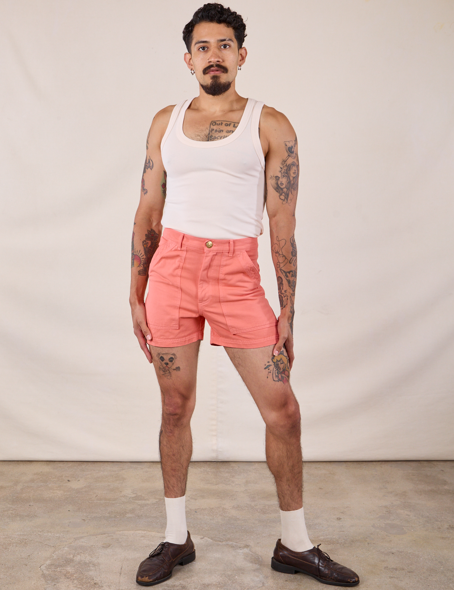 Jesse is 5’8” and wearing XS Classic Work Shorts in Flamingo Pink