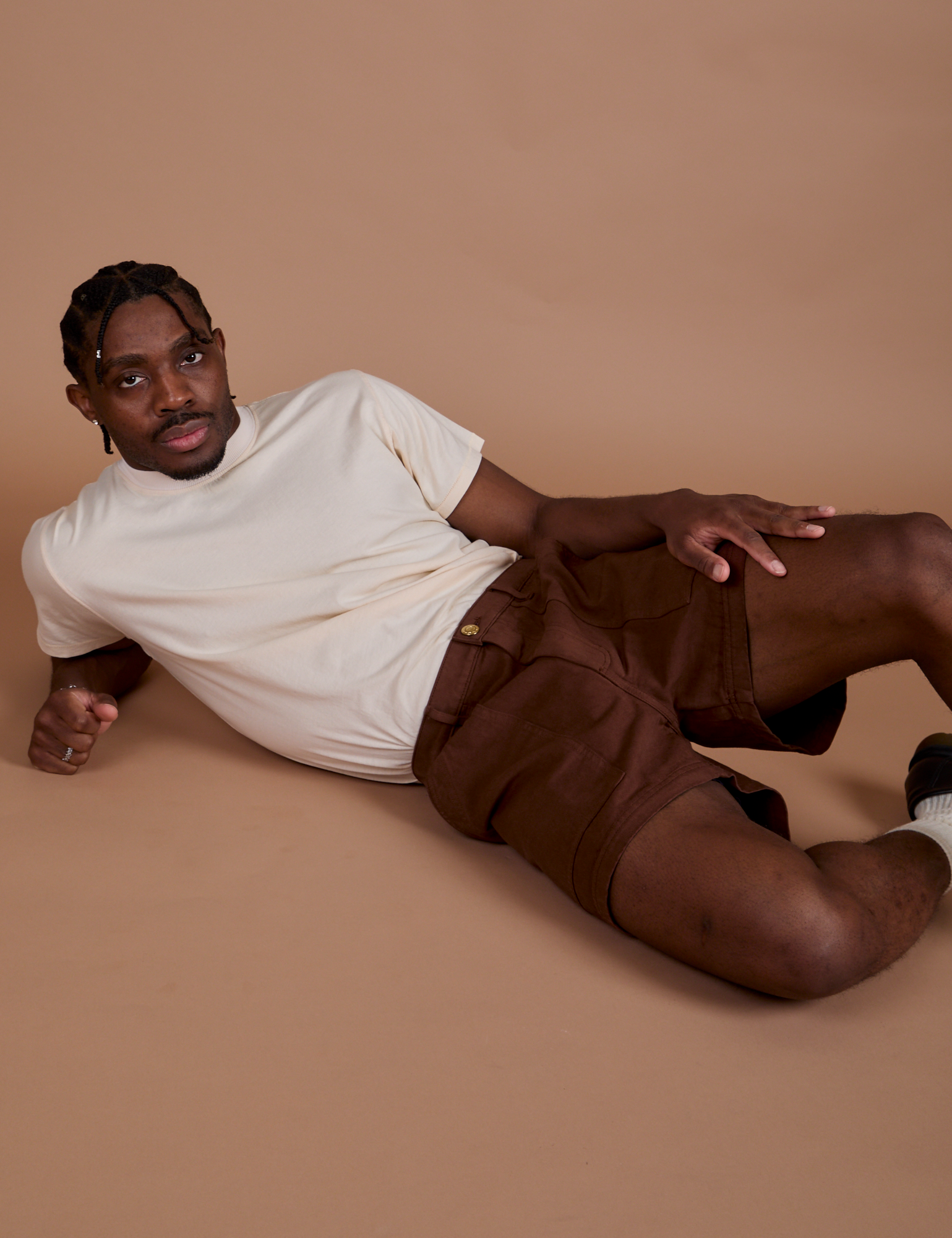 Classic Work Shorts in Fudgesicle Brown and Organic Vintage Tee in Vintage Off White on Isaac