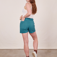 Back view of Classic Work Shorts in Marine Blue on Allison wearing vintage off-white Tank Top