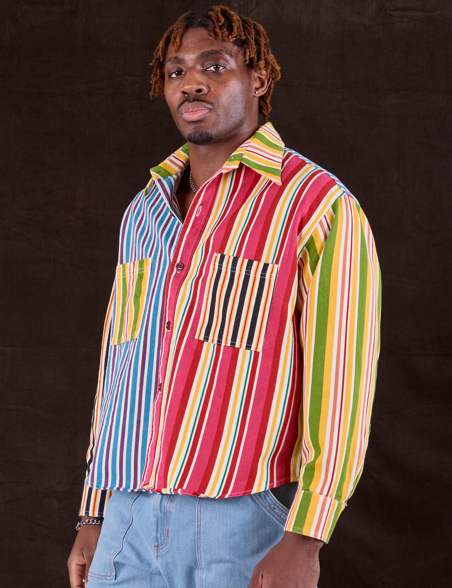 Cropped Overshirt in Mixed Stripe angled front view on Isaac