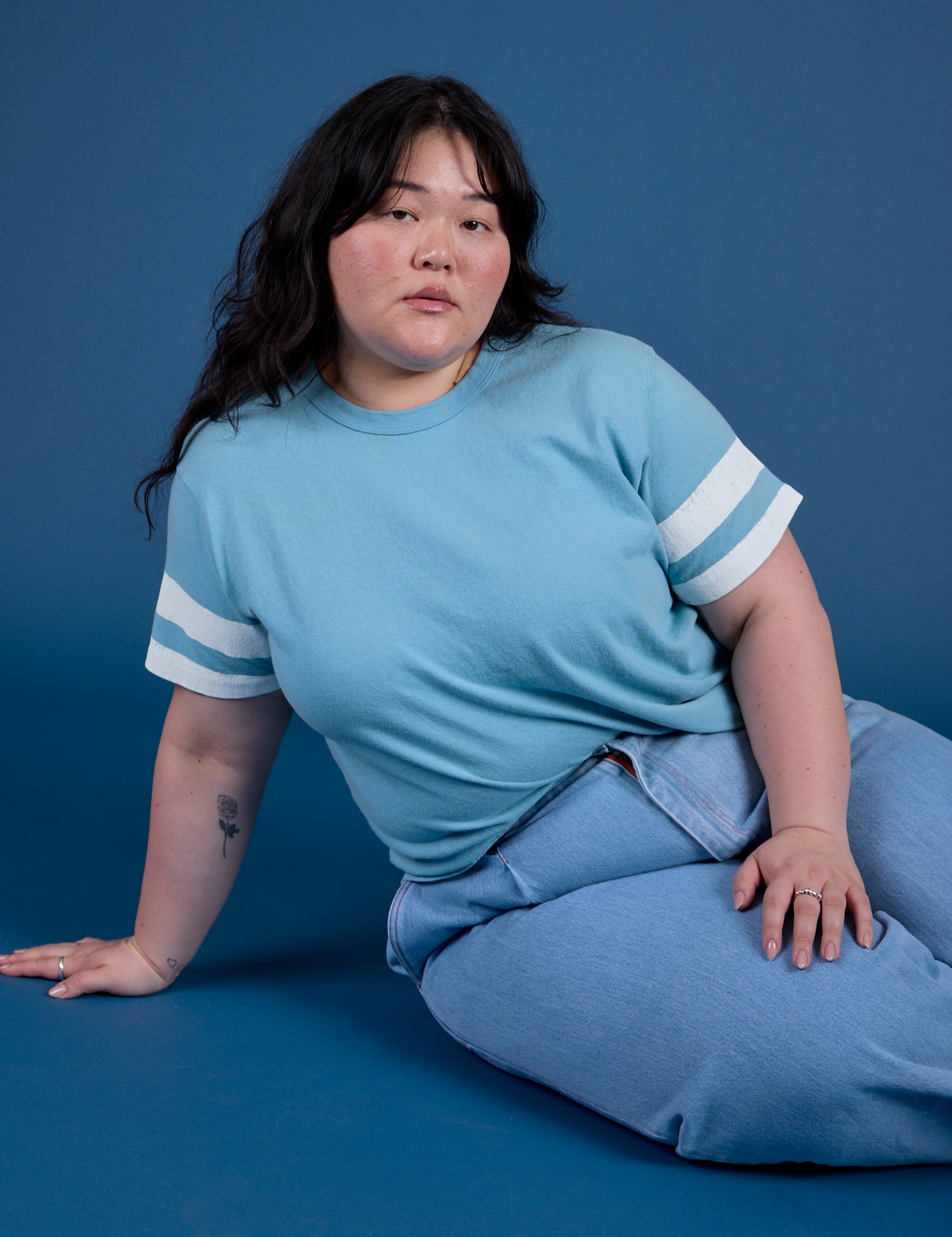 Painted Burly Tee in Baby Blue worn by Ashley