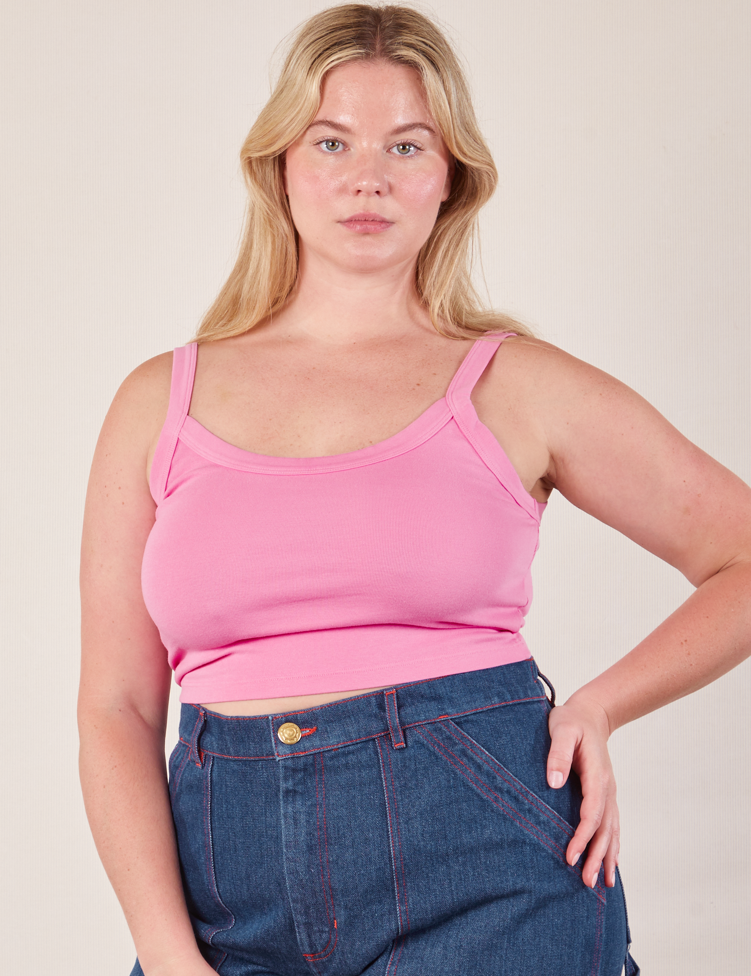 Lish is 5’8” and wearing M Cropped Cami in Bubblegum Pink