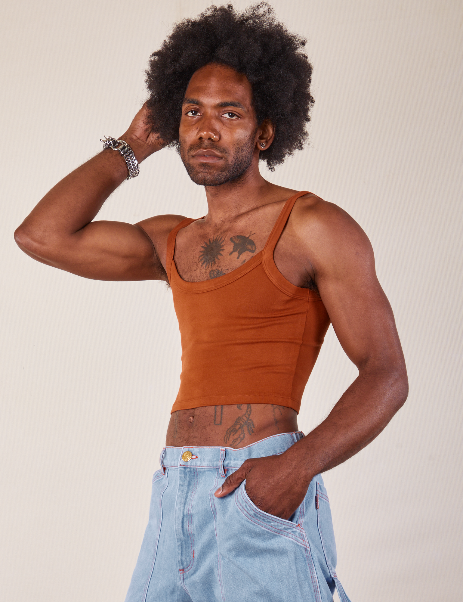 Cropped Cami in Burnt Terracotta angled front view on Jerrod
