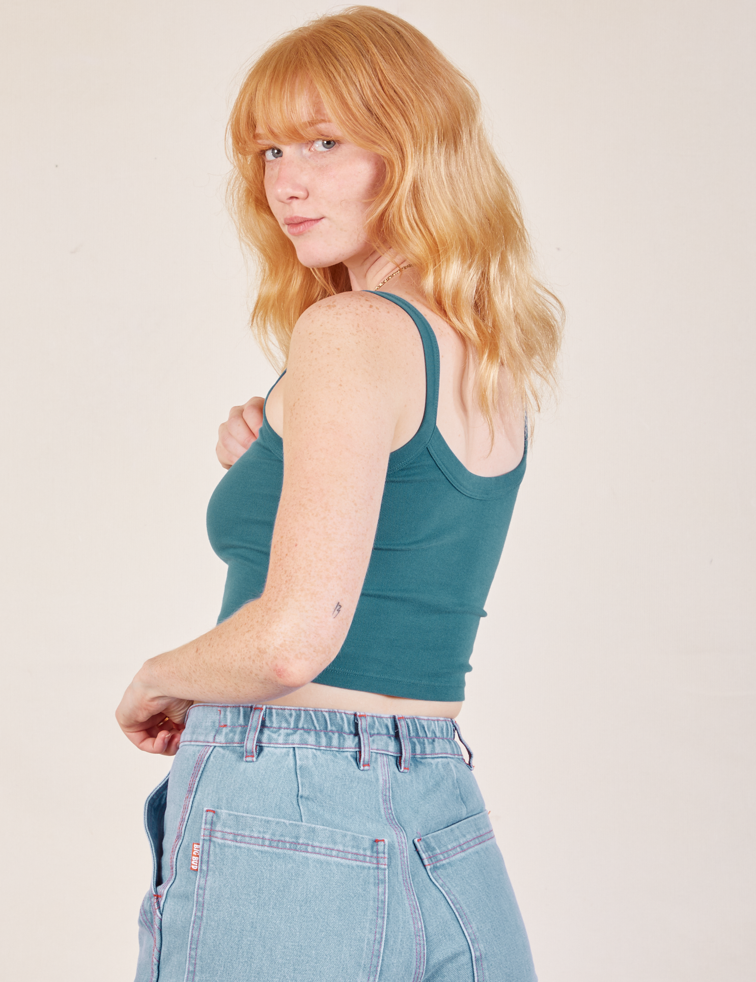 Cropped Cami in Marine Blue angled back view on Margaret