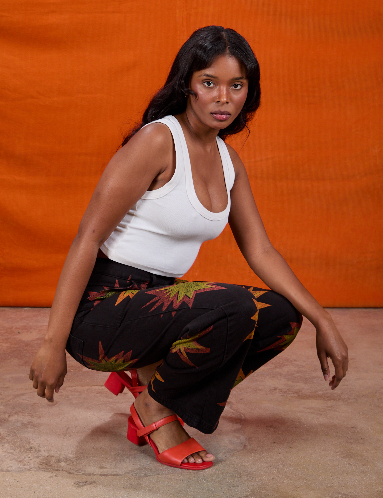 Paintstamped Work Pants in Explosion and Cropped Tank in Vintage Tee White on Kandia