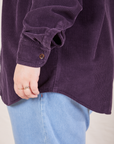 Corduroy Overshirt in Nebula Purple side curved hem close up on Ashley