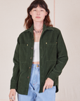 Alex is wearing Corduroy Overshirt in Swamp Green and vintage off-white Cami underneath