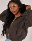 Cropped Zip Hoodie in Espresso Brown angled front view on Kandia