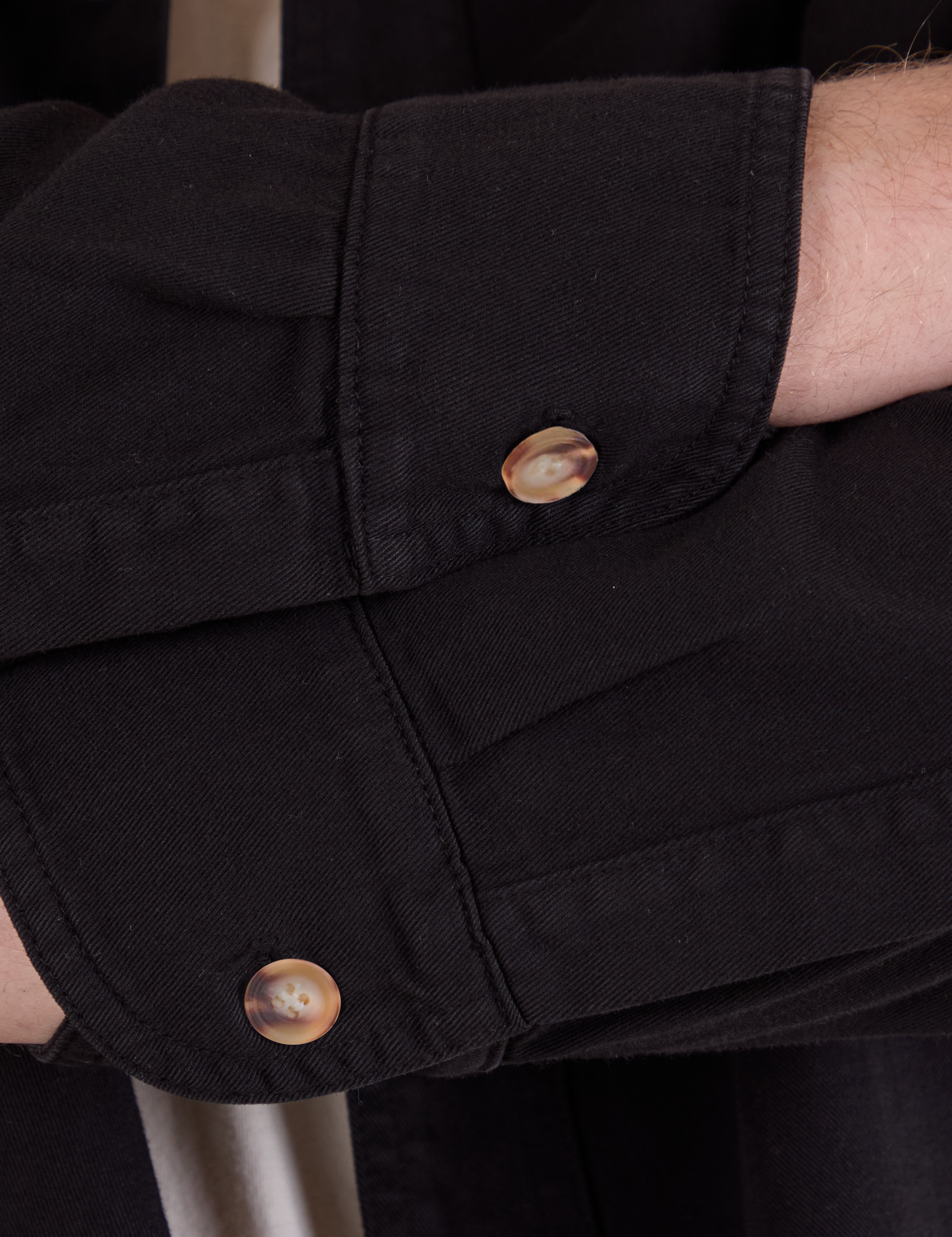 Cropped Overshirt in Basic Black sleeve cuff and tortoise button close up