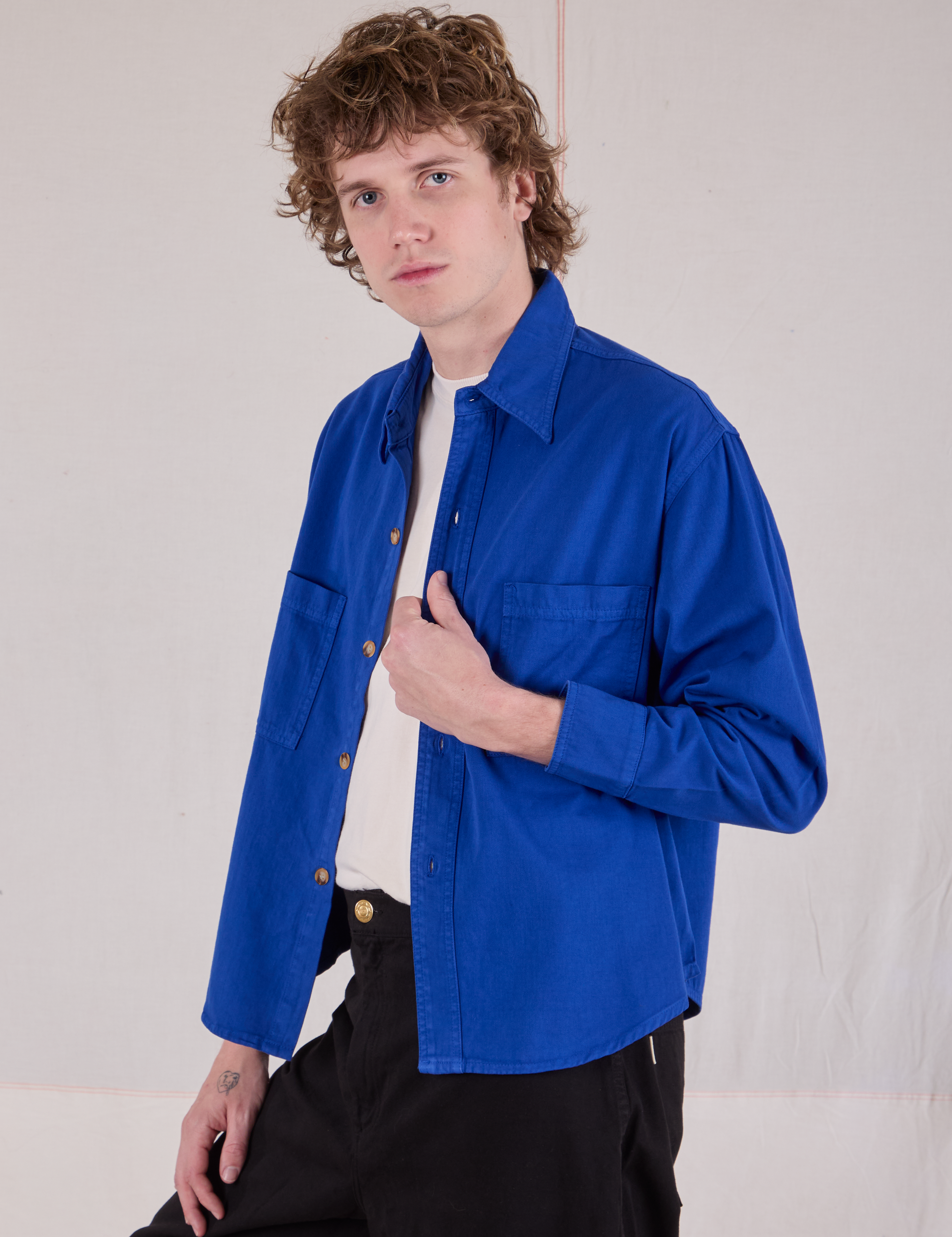 Cropped Overshirt in Royal Blue angled front view on Quinn