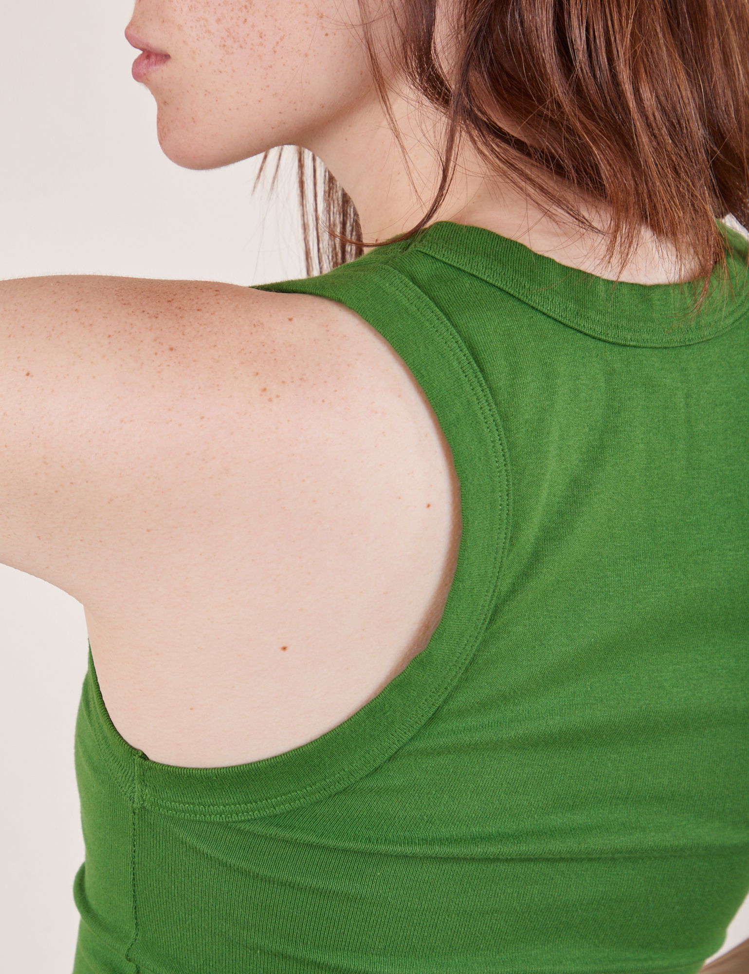 Cropped Tank Top in Lawn Green back shoulder close up on Hana