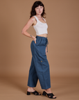 Side view of Drop Pocket Cargo Pants in French Blue and Cropped Tank in vintage tee white