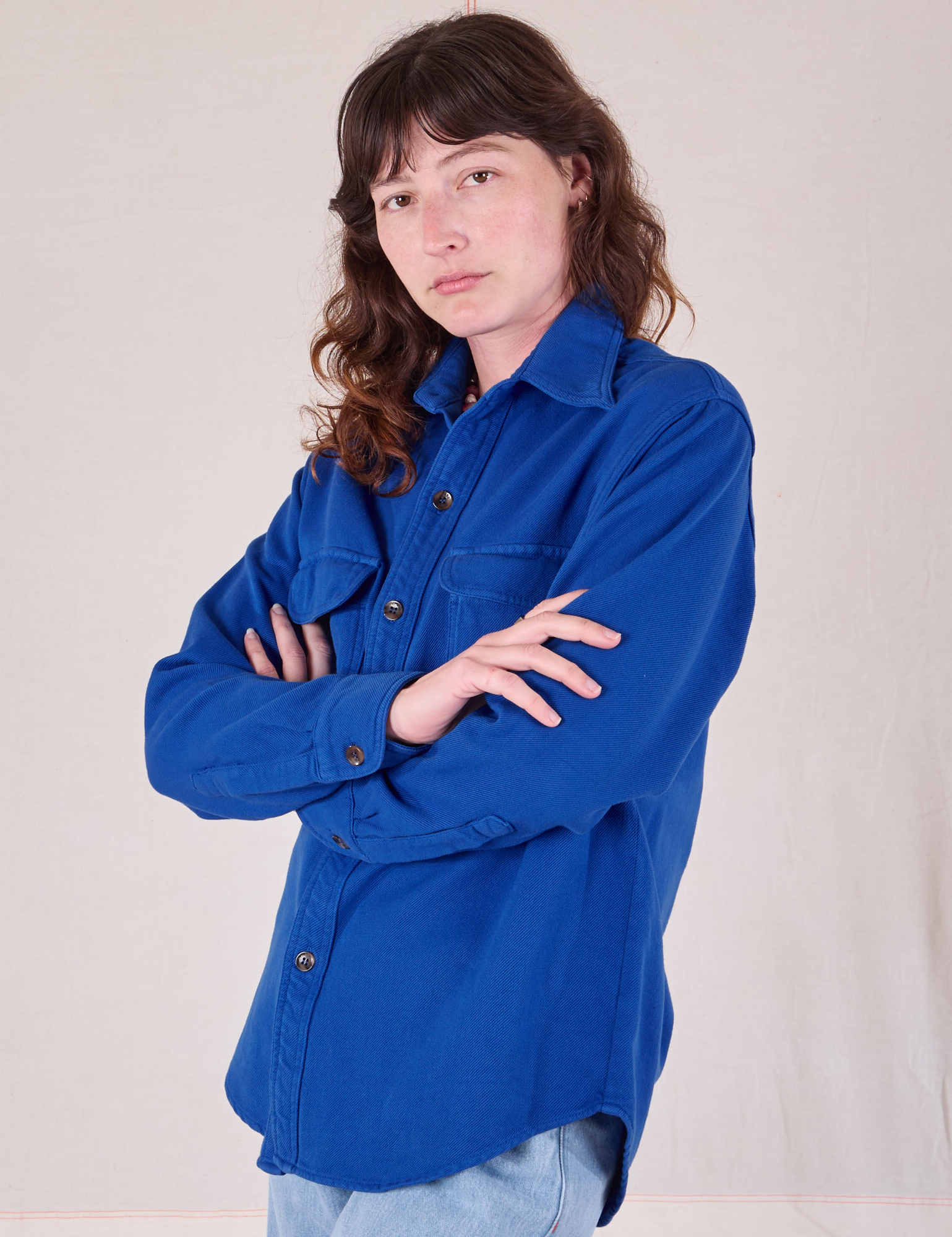 Flannel Overshirt in Royal Blue angled front view on Alex