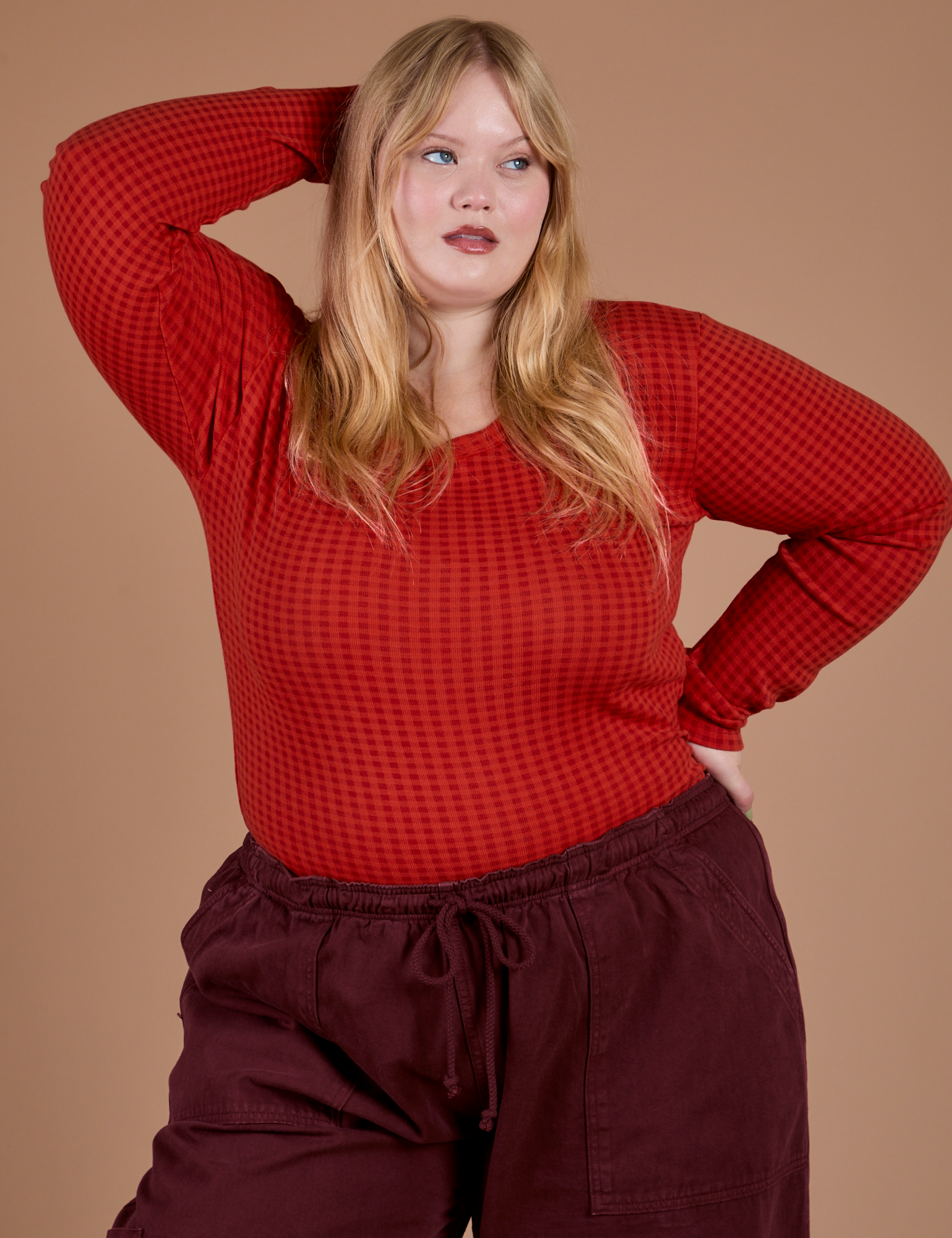 Gingham Long Sleeve Baby Tee in Mustang Red on Juliet