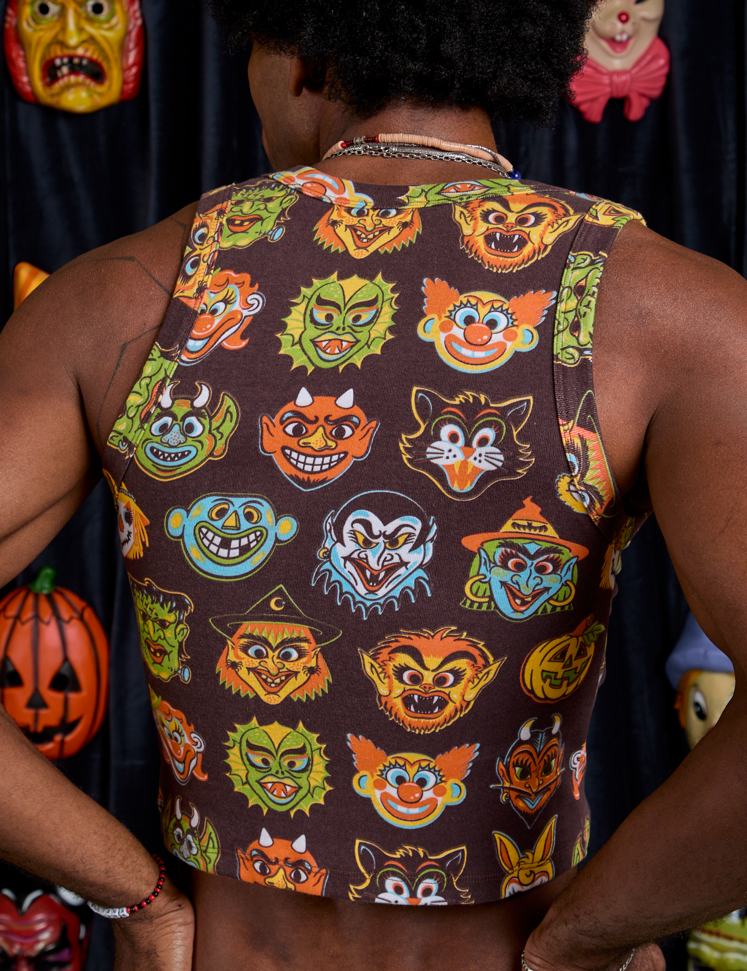 Back view of Cropped Tank Top in Halloween Masks on Jerrod