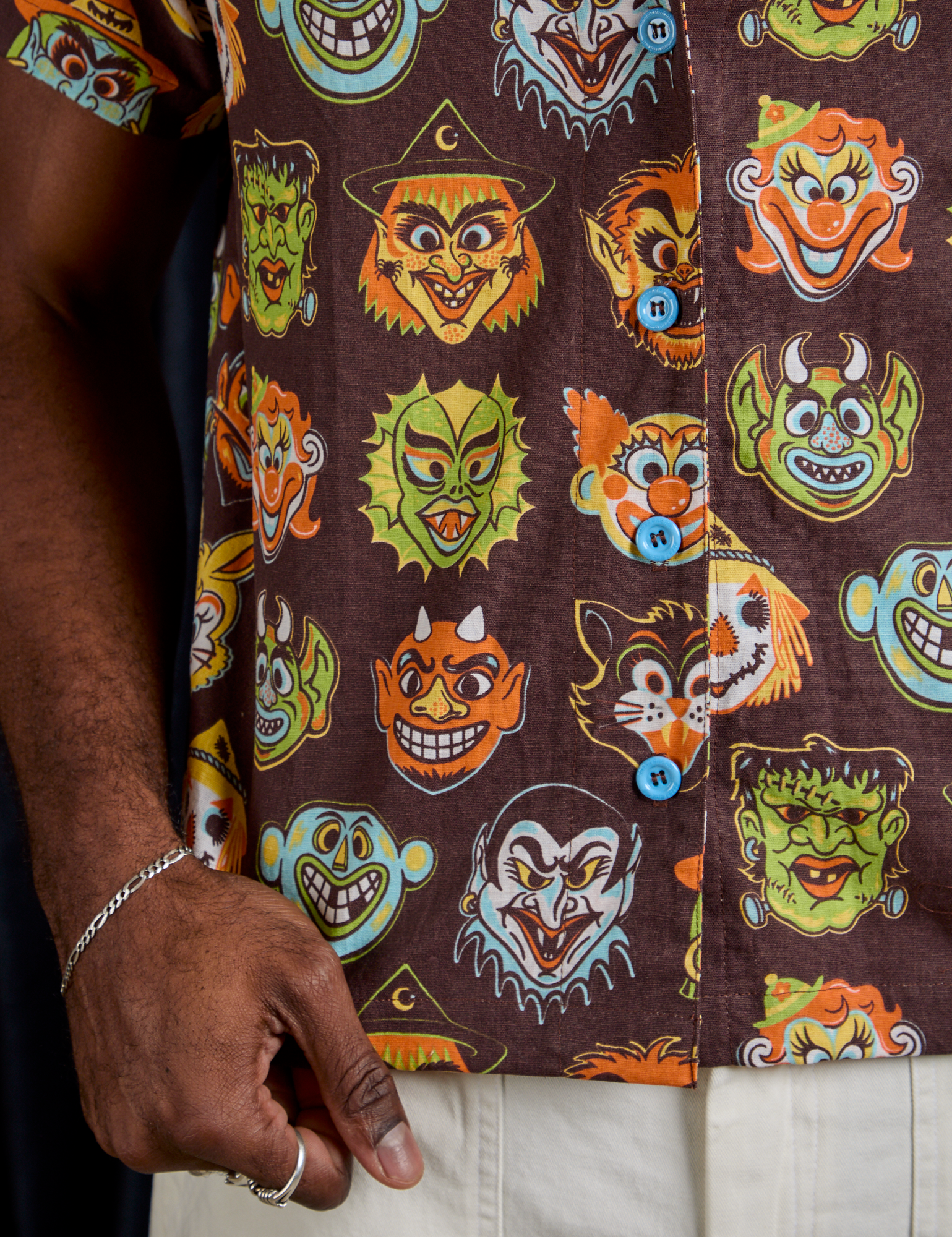 Halloween Masks Pantry Button-Up front close up on Jerrod