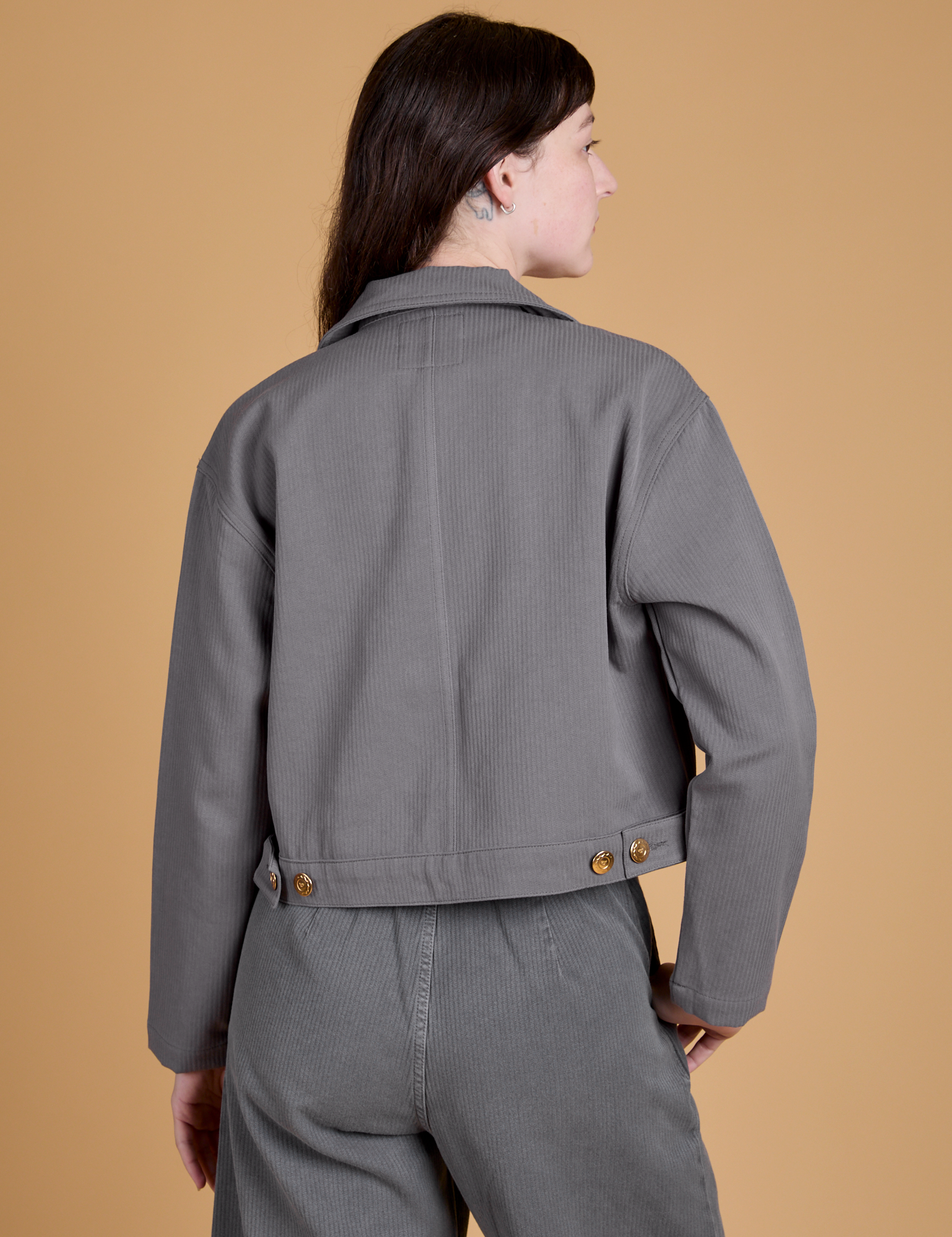Heritage Mechanic Jacket in Washed Grey back view on Alex